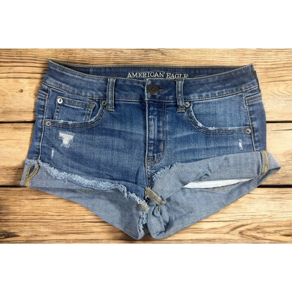 American Eagle Shorts Womens 4 Shortie Super Stretch Dark Wash Cuffed Distressed